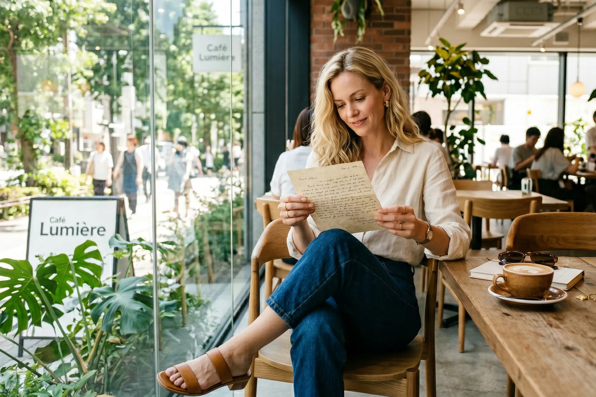 カフェで手紙を読む女性